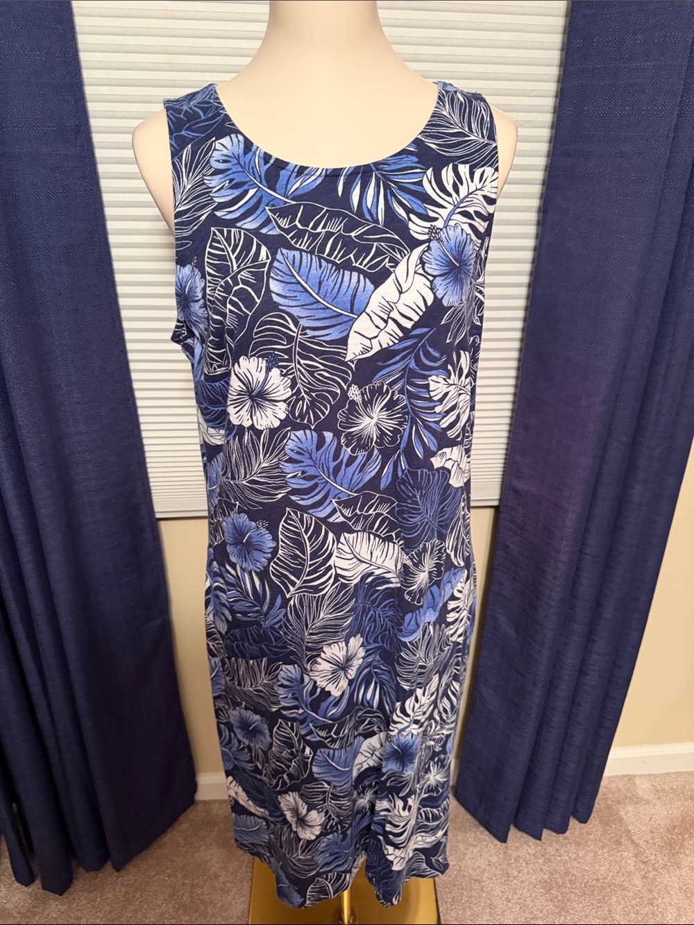 Talbots Navy Blue and White Tropical Print Sleeveless Dress